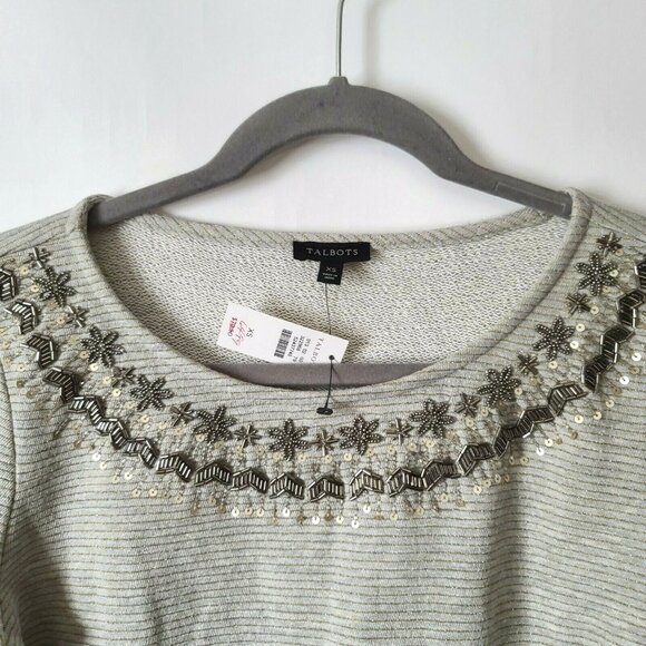 Talbots 3/4 Sleeve Top Blouse Sequin Neck XS Gray w Metallic Stripes Preppy NWT - Picture 4 of 9